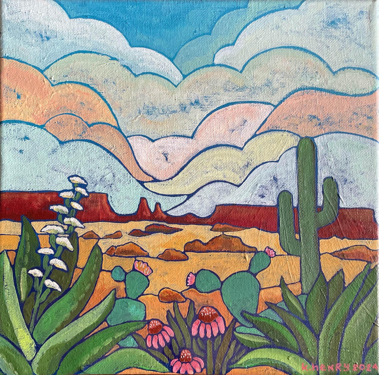 A colorful desert landscape painting with stylized clouds, red rock formations, and a bright blue sky. Green cacti, agave, and pink wildflowers fill the foreground, blending bold outlines and vibrant earth tones in a whimsical, southwestern style.