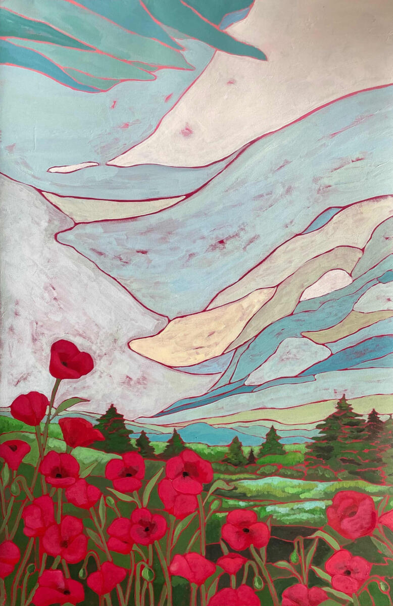 A stylized landscape painting featuring bright red poppies in the foreground, surrounded by green hills and pine trees. Abstract mountains and a flowing sky in soft blues and creams are outlined in red, creating a dreamy atmosphere.