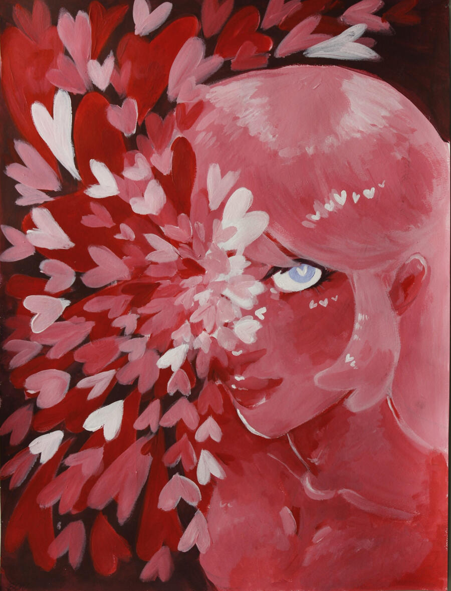 Explosive Love by Beatrix O'Neill A stylized painting of a pink-toned figure with blue eyes, partially obscured by an explosion of red, pink, and white heart shapes. The hearts flow outward, blending with the figure in a vibrant, surreal composition.