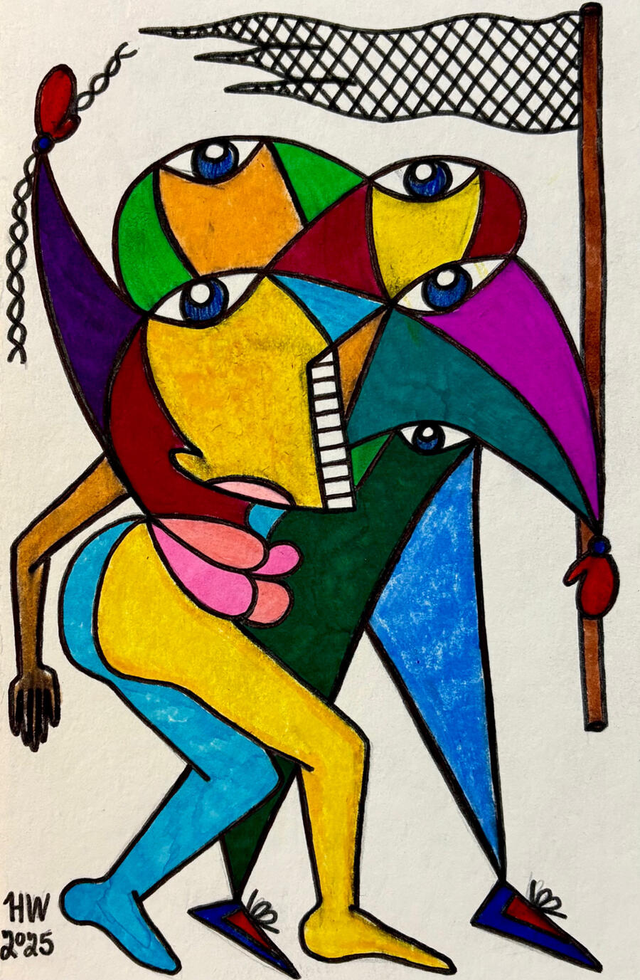 Abstract Artwork by Hanna Wright A colorful abstract drawing of a distorted figure made of geometric shapes. Multiple blue eyes, sharp teeth, and exaggerated limbs create a surreal form. The figure holds a staff with a netted flag and red heart accents.