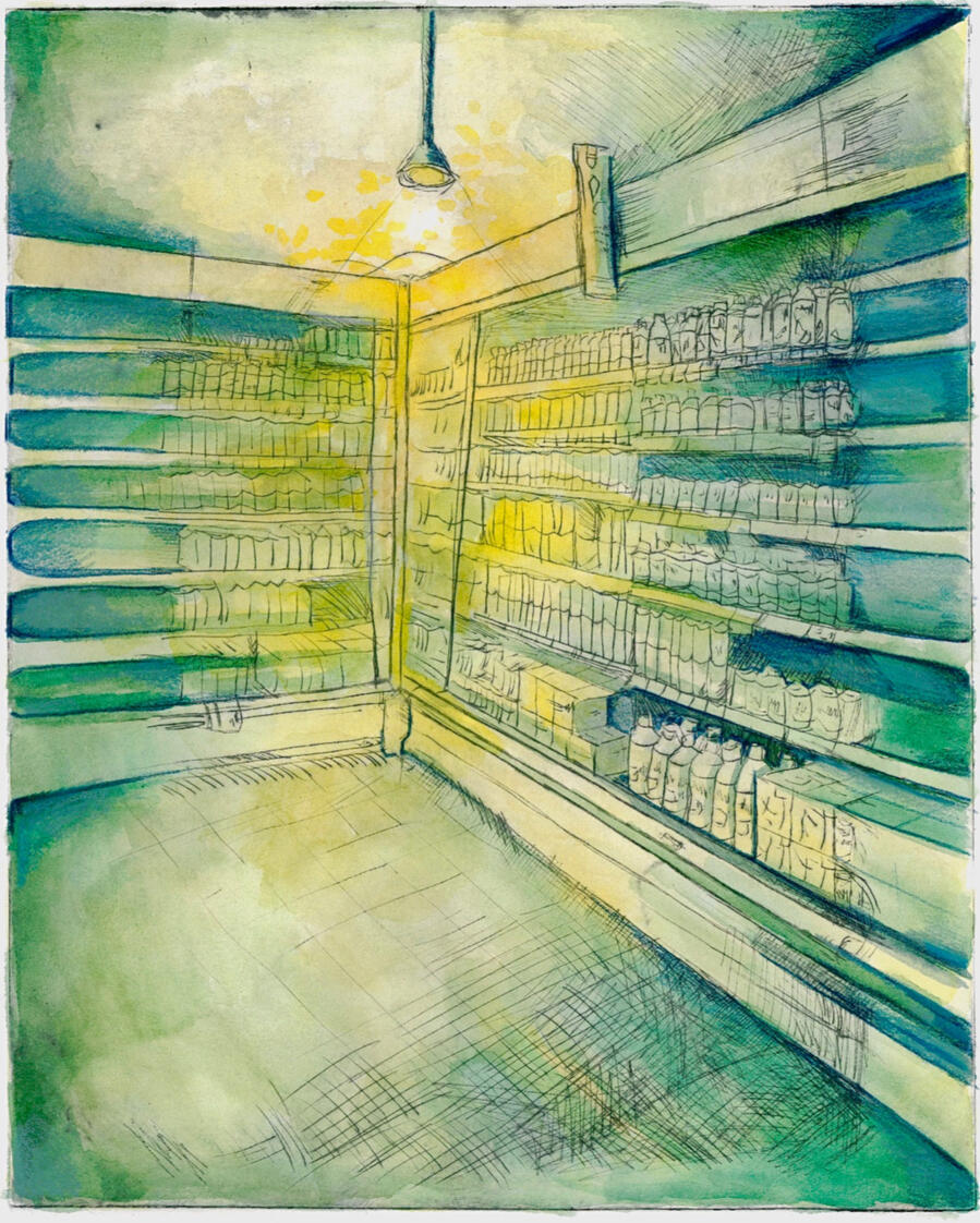 Aisle 1 by Shea Davis A dimly lit grocery aisle with green and yellow tones. Empty floor space leads to shelves lined with bottles and boxes. A single hanging light casts a soft glow, creating a quiet, surreal atmosphere.