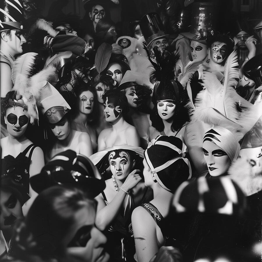 As If As Though by John Beckmann A black and white surreal scene of people in elaborate costumes and dramatic face paint. Feathers, hats, and theatrical makeup create a dense, eerie atmosphere where human figures blur into mannequin-like forms within a crowded space.