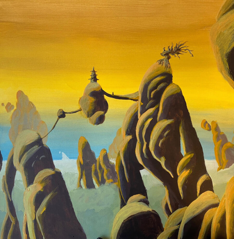 Cascading Bluffs by Maxwell McMann A surreal landscape of towering, twisted rock formations connected by narrow bridges. A lone pagoda and a windswept tree sit atop peaks under a golden sky, while misty clouds drift below in shades of blue and green.