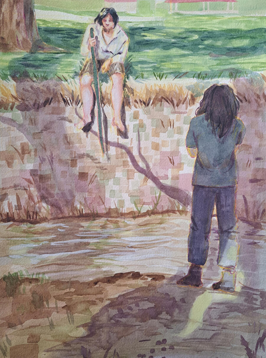 Ditch by Nat Morris Two figures in a watercolor landscape—one sits barefoot on a grassy ledge holding a stick, while the other stands below near shallow water. Soft greens, browns, and purples create a calm, reflective outdoor scene.